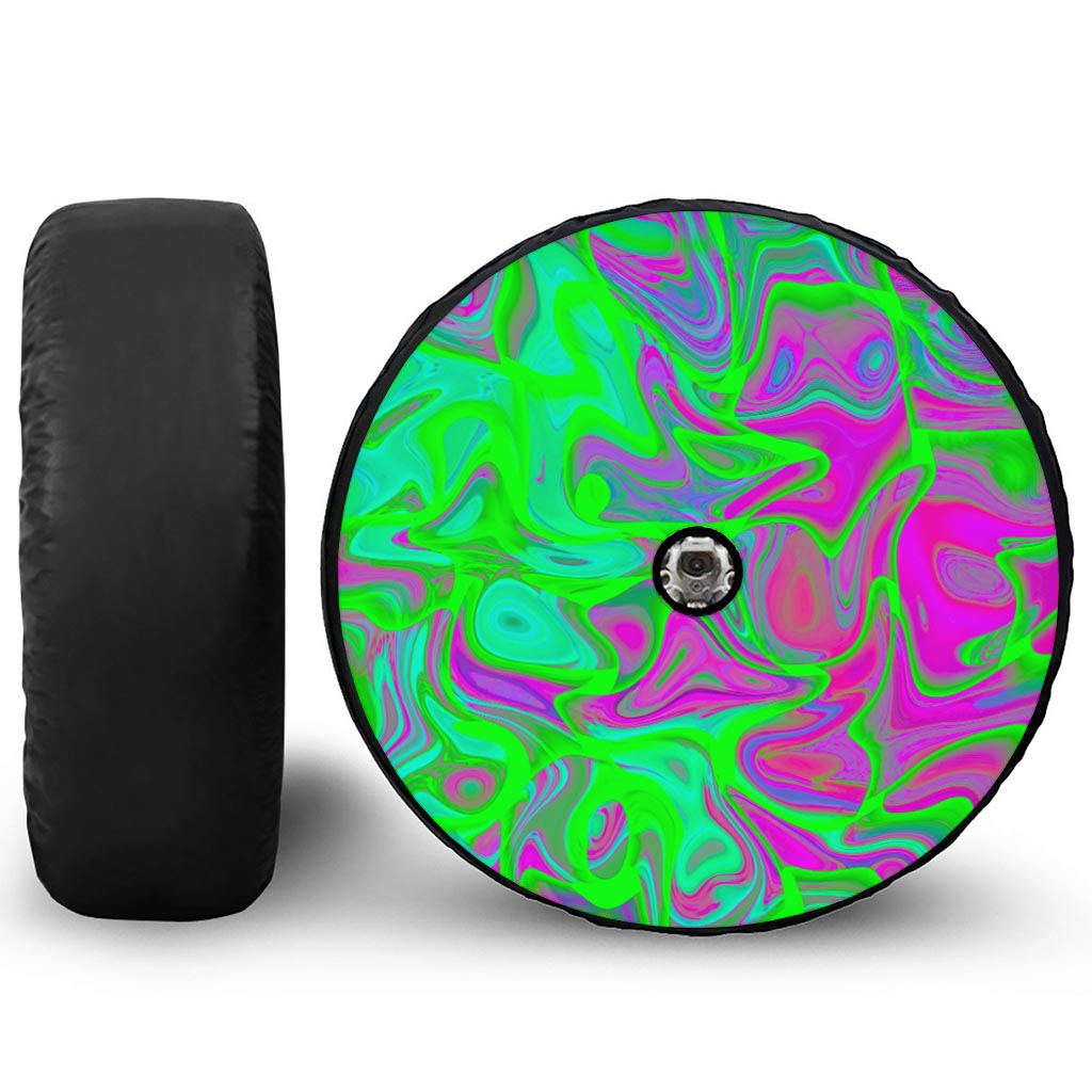 Neon Green Pink Psychedelic Trippy Print Tire Cover With Camera Hole