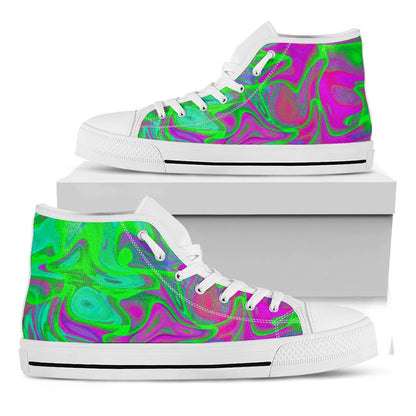 Neon Green Pink Psychedelic Trippy Print White High Top Sneakers
