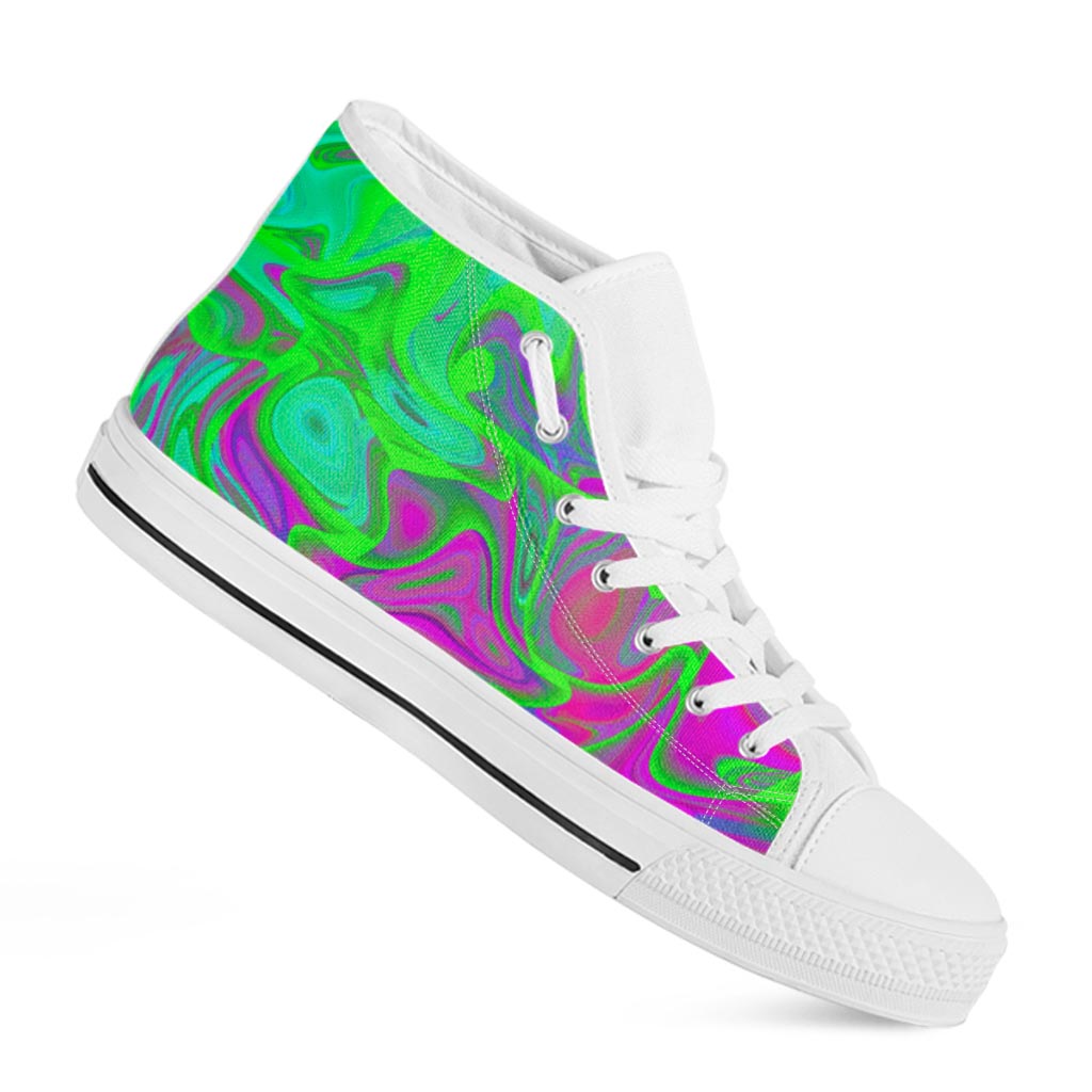 Neon Green Pink Psychedelic Trippy Print White High Top Sneakers