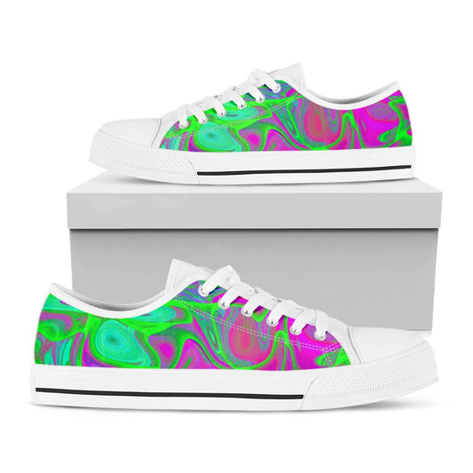Neon Green Pink Psychedelic Trippy Print White Low Top Sneakers