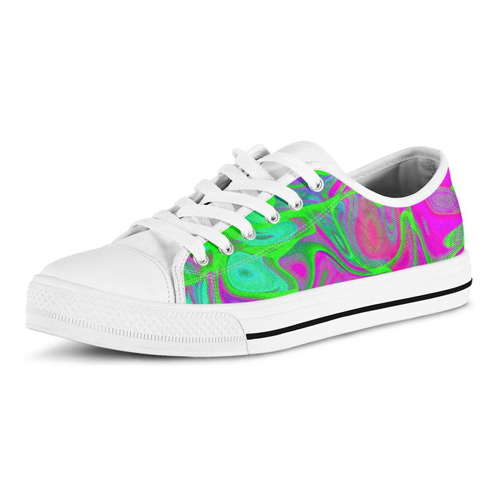 Neon Green Pink Psychedelic Trippy Print White Low Top Sneakers