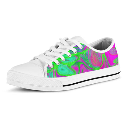 Neon Green Pink Psychedelic Trippy Print White Low Top Sneakers