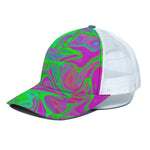 Neon Green Pink Psychedelic Trippy Print White Mesh Trucker Cap