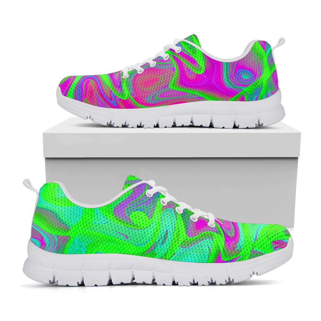 Neon Green Pink Psychedelic Trippy Print White Running Shoes