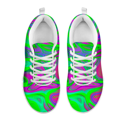 Neon Green Pink Psychedelic Trippy Print White Running Shoes