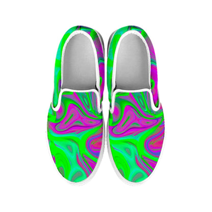 Neon Green Pink Psychedelic Trippy Print White Slip On Sneakers