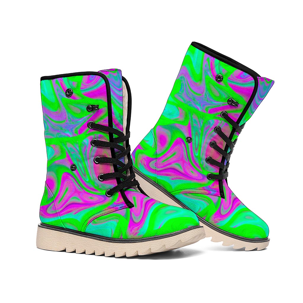 Neon Green Pink Psychedelic Trippy Print Winter Boots