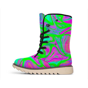 Neon Green Pink Psychedelic Trippy Print Winter Boots