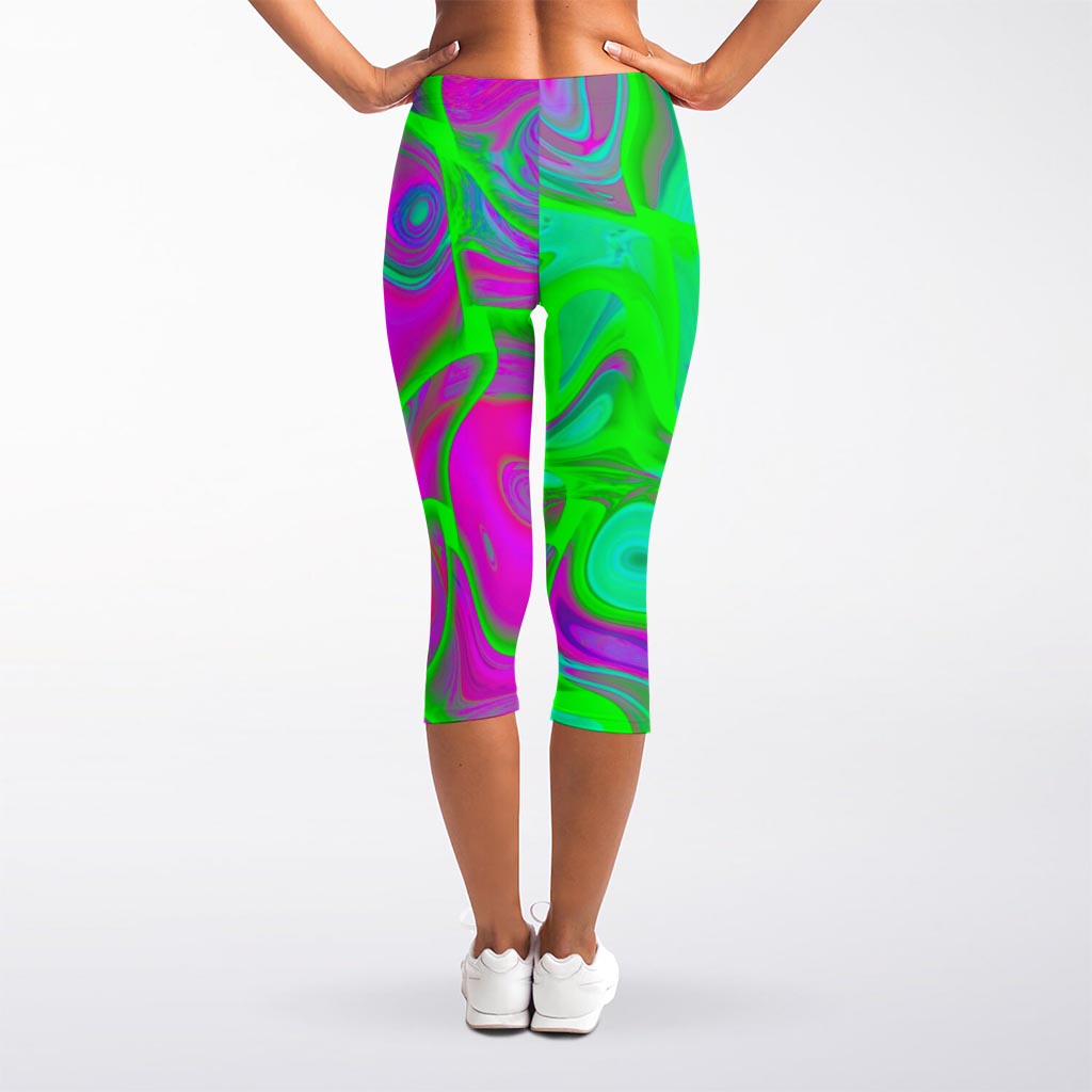 Neon Green Pink Psychedelic Trippy Print Women's Capri Leggings