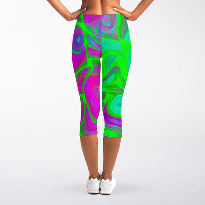 Neon Green Pink Psychedelic Trippy Print Women's Capri Leggings
