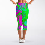 Neon Green Pink Psychedelic Trippy Print Women's Capri Leggings