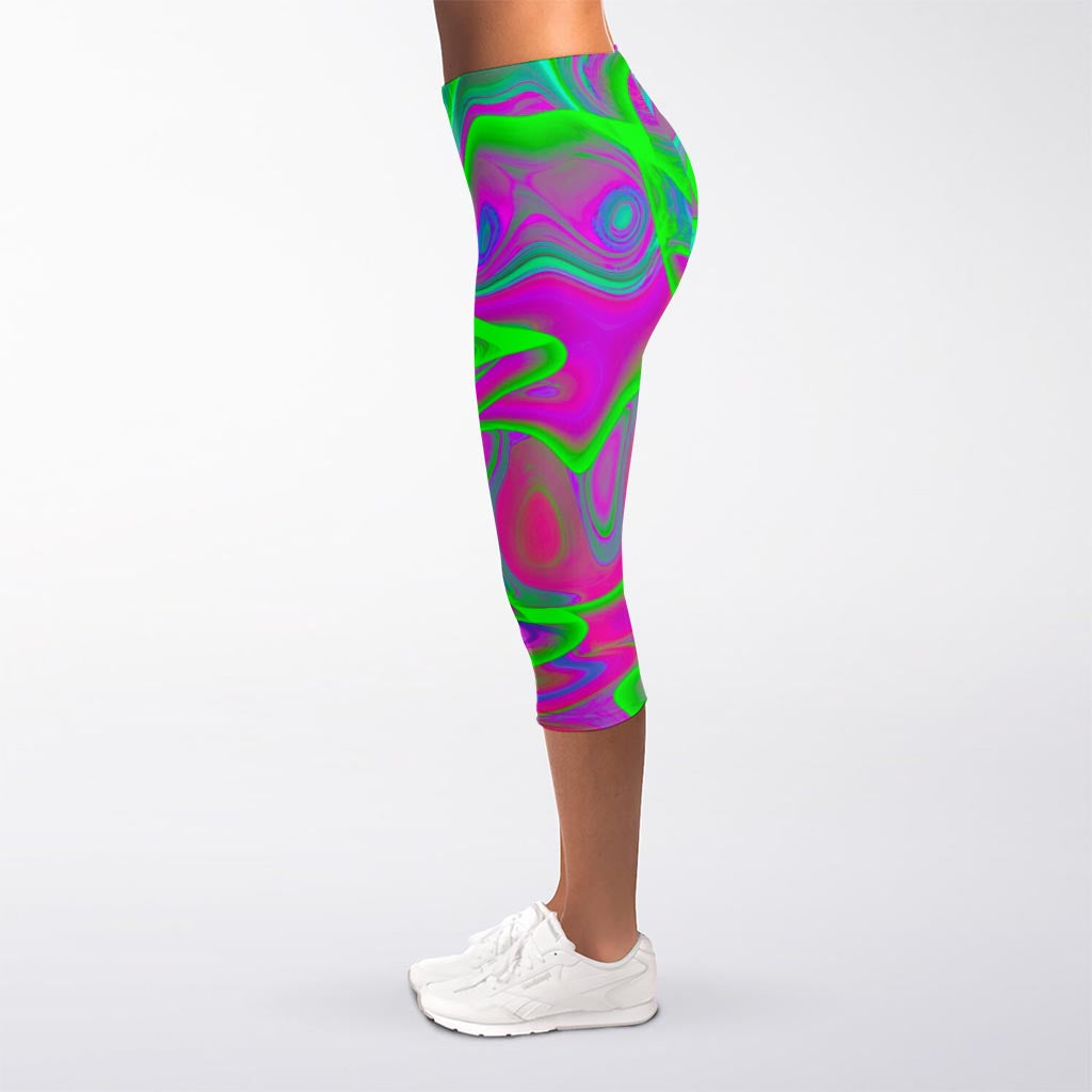 Neon Green Pink Psychedelic Trippy Print Women's Capri Leggings