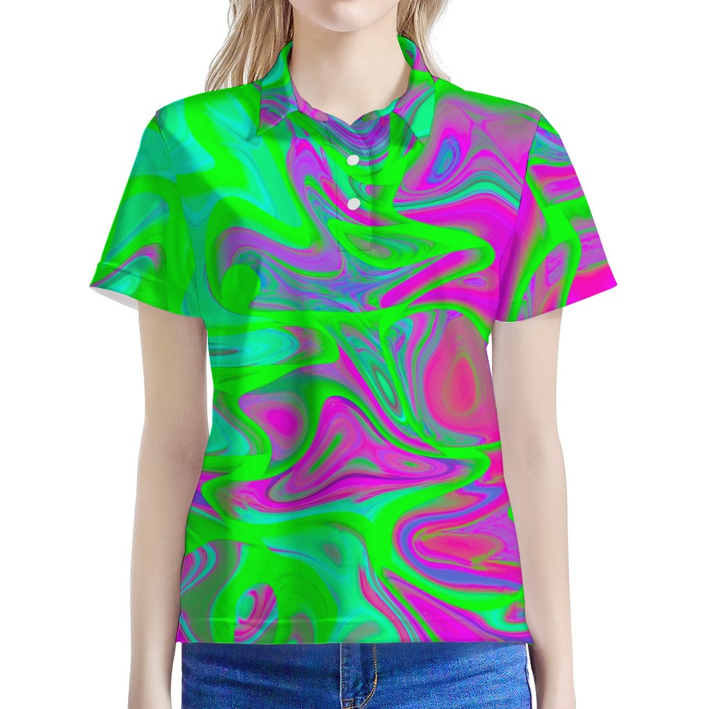 Neon Green Pink Psychedelic Trippy Print Women's Polo Shirt