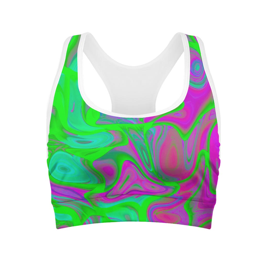 Neon Green Pink Psychedelic Trippy Print Women's Sports Bra