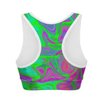 Neon Green Pink Psychedelic Trippy Print Women's Sports Bra