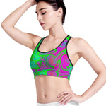 Neon Green Pink Psychedelic Trippy Print Women's Sports Bra