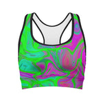 Neon Green Pink Psychedelic Trippy Print Women's Sports Bra