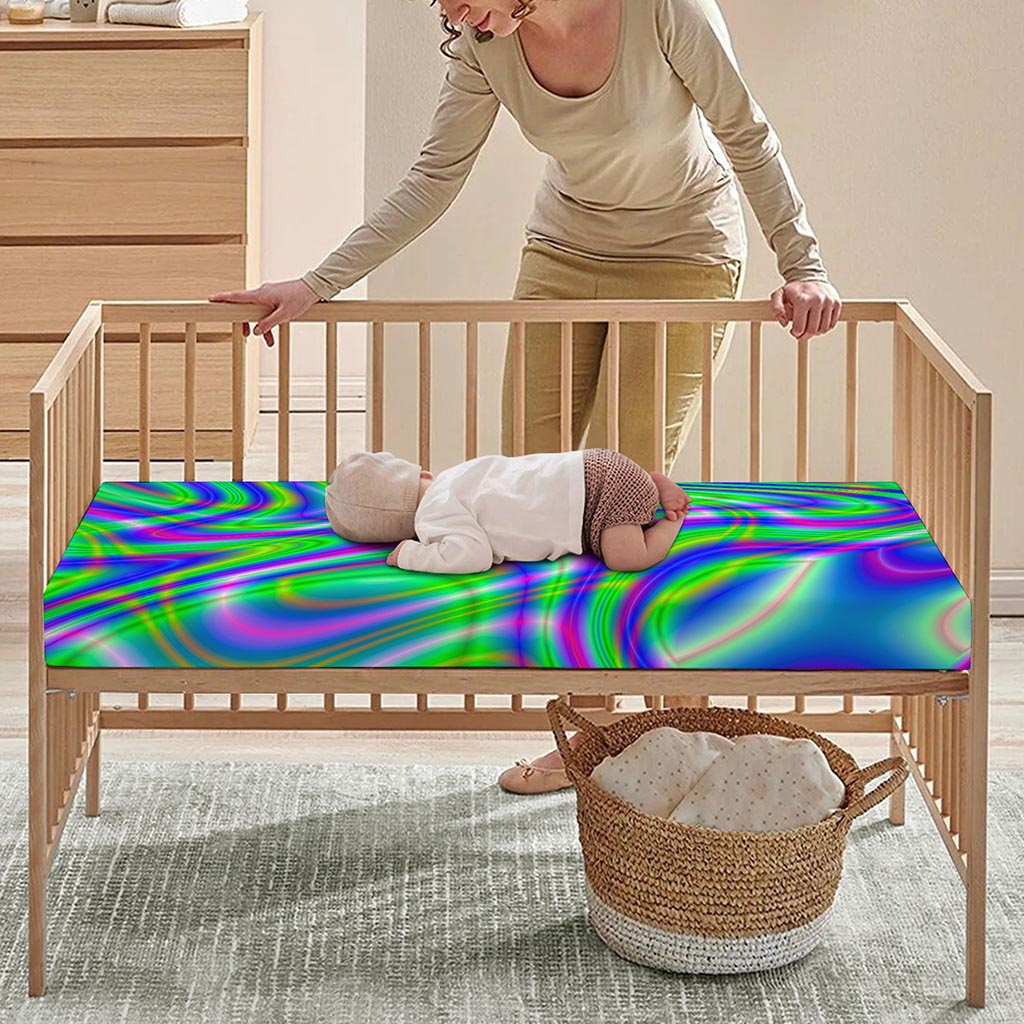 Neon Green Psychedelic Trippy Print Baby Crib Sheet
