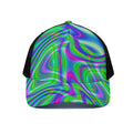 Neon Green Psychedelic Trippy Print Black Mesh Trucker Hat