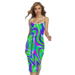 Neon Green Psychedelic Trippy Print Cross Back Cami Dress