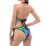 Neon Green Psychedelic Trippy Print Halter Scoop Tie Side Bikini
