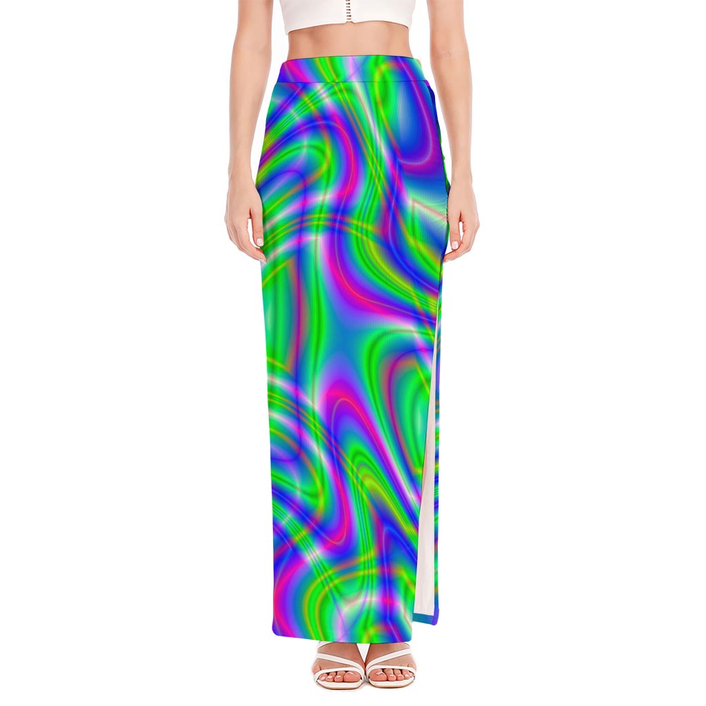 Neon Green Psychedelic Trippy Print High Slit Maxi Skirt