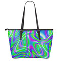 Neon Green Psychedelic Trippy Print Leather Tote Bag With Zipper