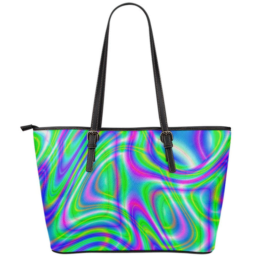 Neon Green Psychedelic Trippy Print Leather Tote Bag