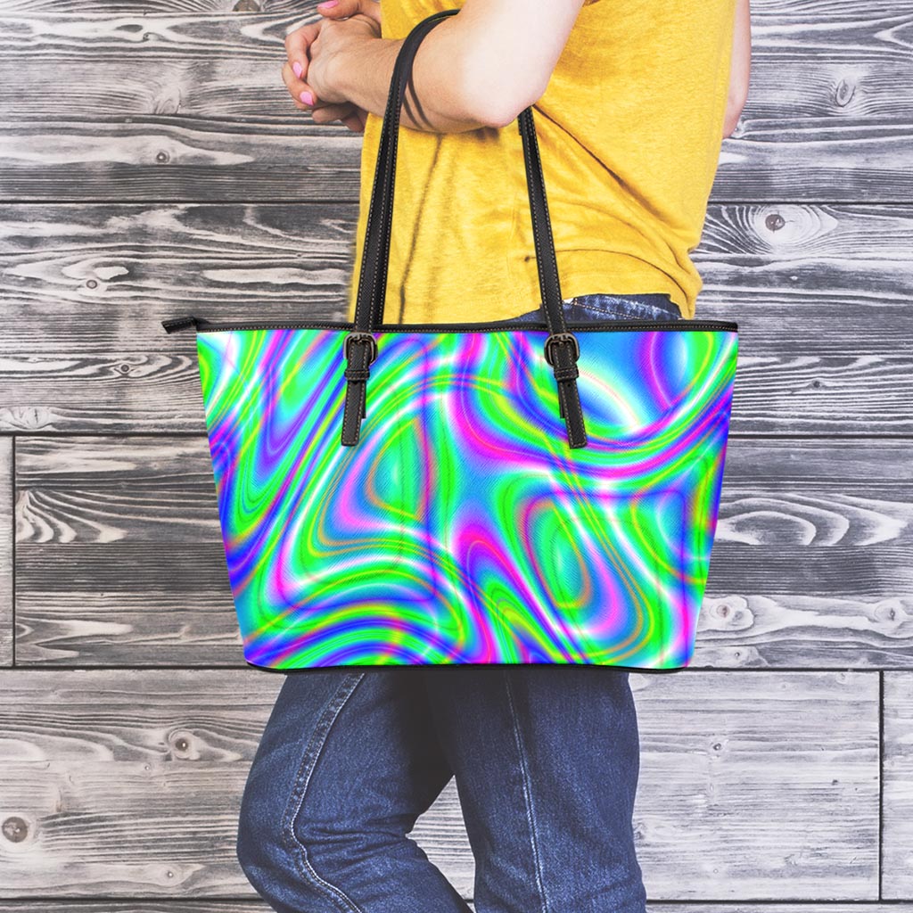 Neon Green Psychedelic Trippy Print Leather Tote Bag