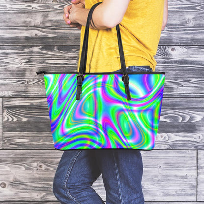 Neon Green Psychedelic Trippy Print Leather Tote Bag