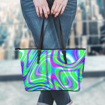 Neon Green Psychedelic Trippy Print Leather Tote Bag