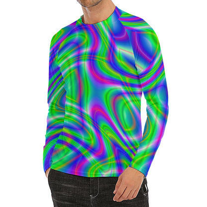 Neon Green Psychedelic Trippy Print Men's Long Sleeve Rash Guard