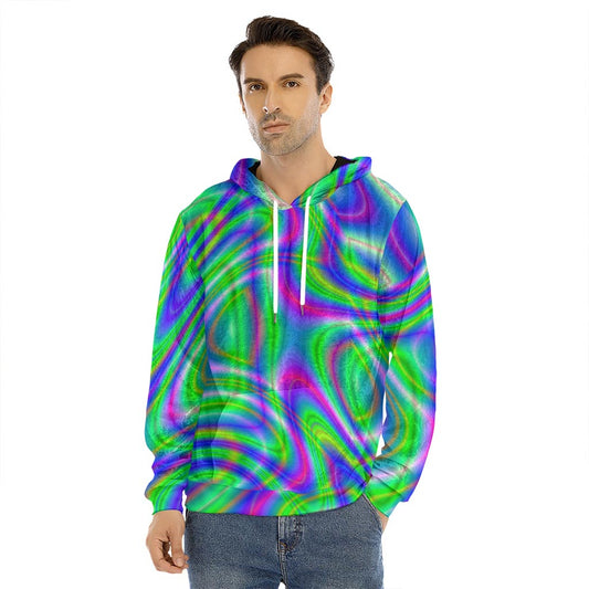 Neon Green Psychedelic Trippy Print Men's Velvet Pullover Hoodie