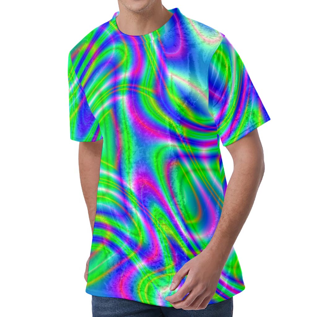 Neon Green Psychedelic Trippy Print Men's Velvet T-Shirt