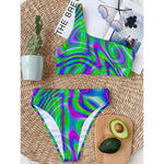 Neon Green Psychedelic Trippy Print One Shoulder Bikini Top