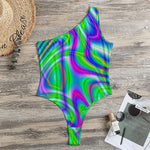 Neon Green Psychedelic Trippy Print One Shoulder Bodysuit