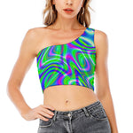 Neon Green Psychedelic Trippy Print One Shoulder Crop Top