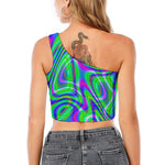 Neon Green Psychedelic Trippy Print One Shoulder Crop Top