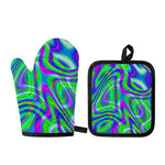 Neon Green Psychedelic Trippy Print Oven Mitt And Pot Holder Set