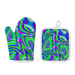 Neon Green Psychedelic Trippy Print Oven Mitt And Pot Holder Set