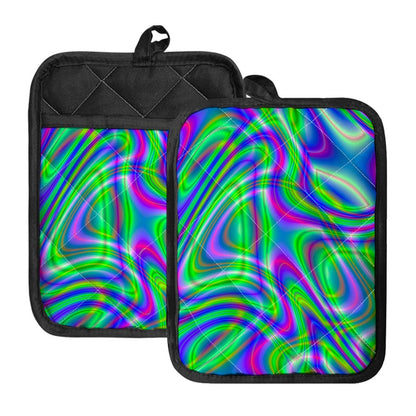Neon Green Psychedelic Trippy Print Pot Holders With Pocket