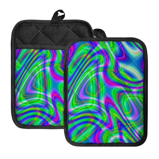 Neon Green Psychedelic Trippy Print Pot Holders With Pocket