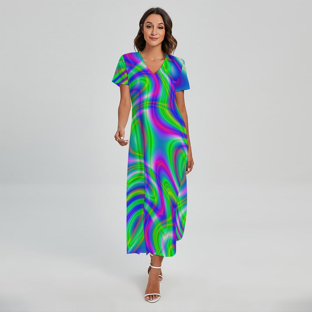 Neon Green Psychedelic Trippy Print Short Sleeve Maxi Dress