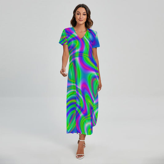 Neon Green Psychedelic Trippy Print Short Sleeve Maxi Dress