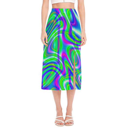 Neon Green Psychedelic Trippy Print Side Slit Midi Skirt