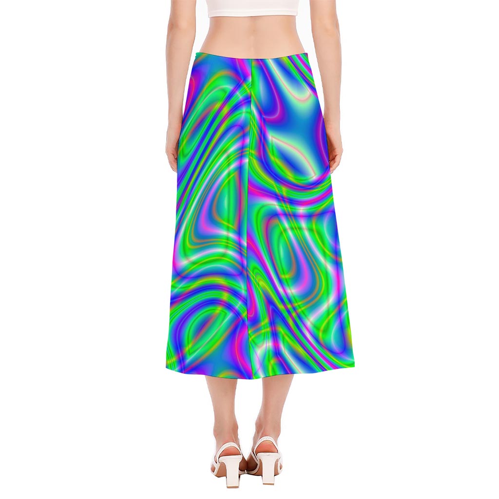 Neon Green Psychedelic Trippy Print Side Slit Midi Skirt