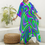 Neon Green Psychedelic Trippy Print Silk V-Neck Kaftan Dress