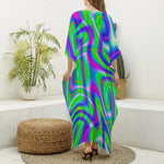 Neon Green Psychedelic Trippy Print Silk V-Neck Kaftan Dress