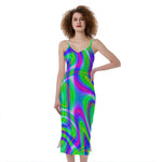 Neon Green Psychedelic Trippy Print Slim Fit Midi Cami Dress