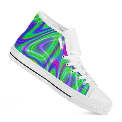 Neon Green Psychedelic Trippy Print White High Top Sneakers